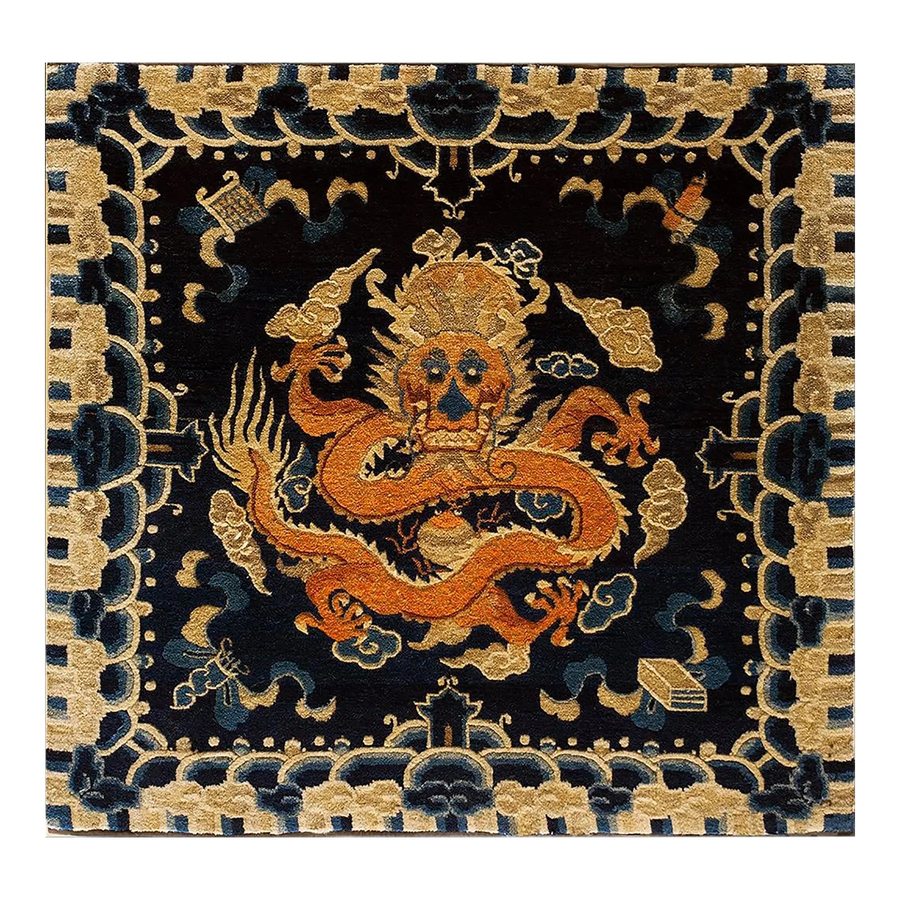 Antique Ningxia Chinese rug with imperial five-clawed dragon on dark ground with cloud bands and gold border