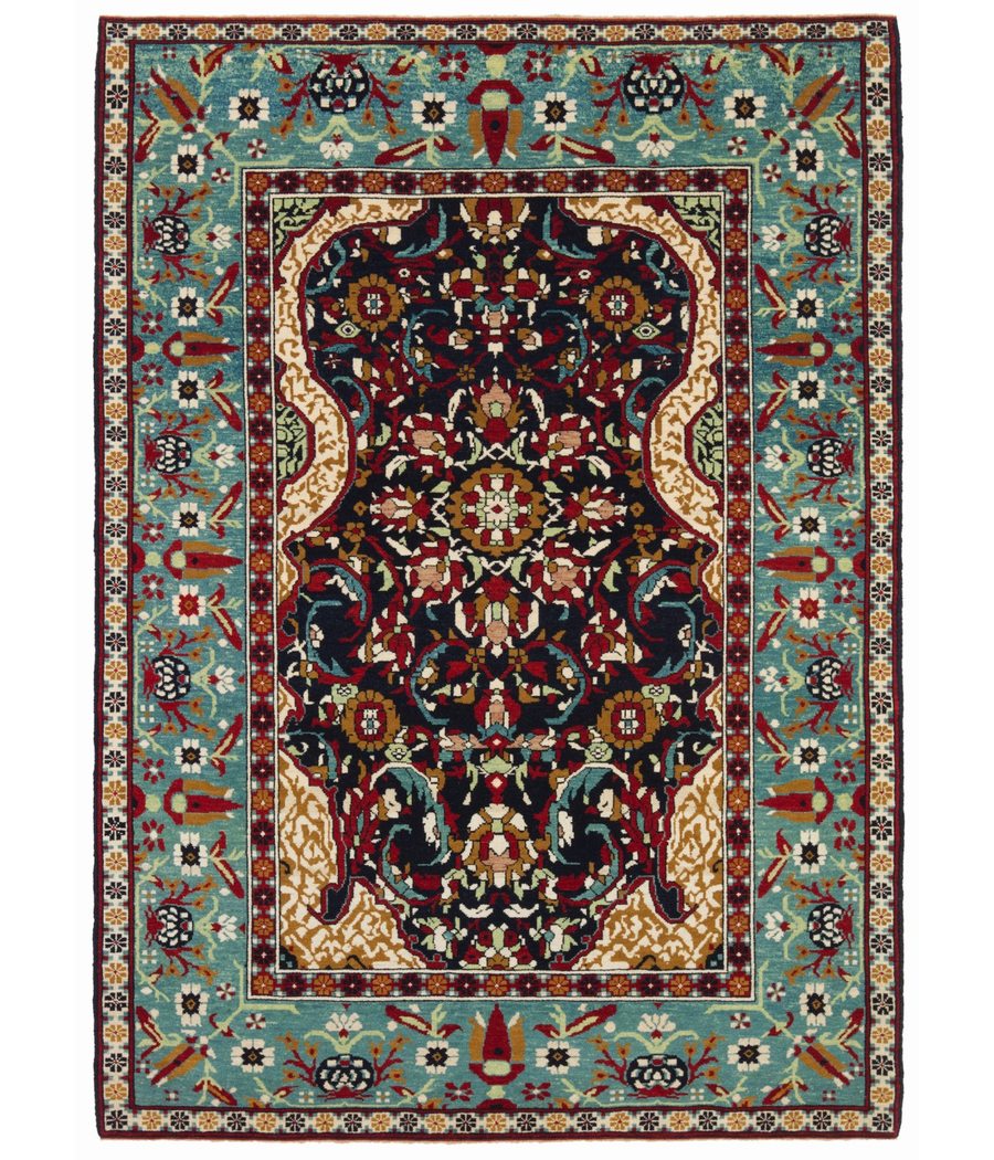 Cairene Ottoman rug — navy field with floral arabesque and teal border