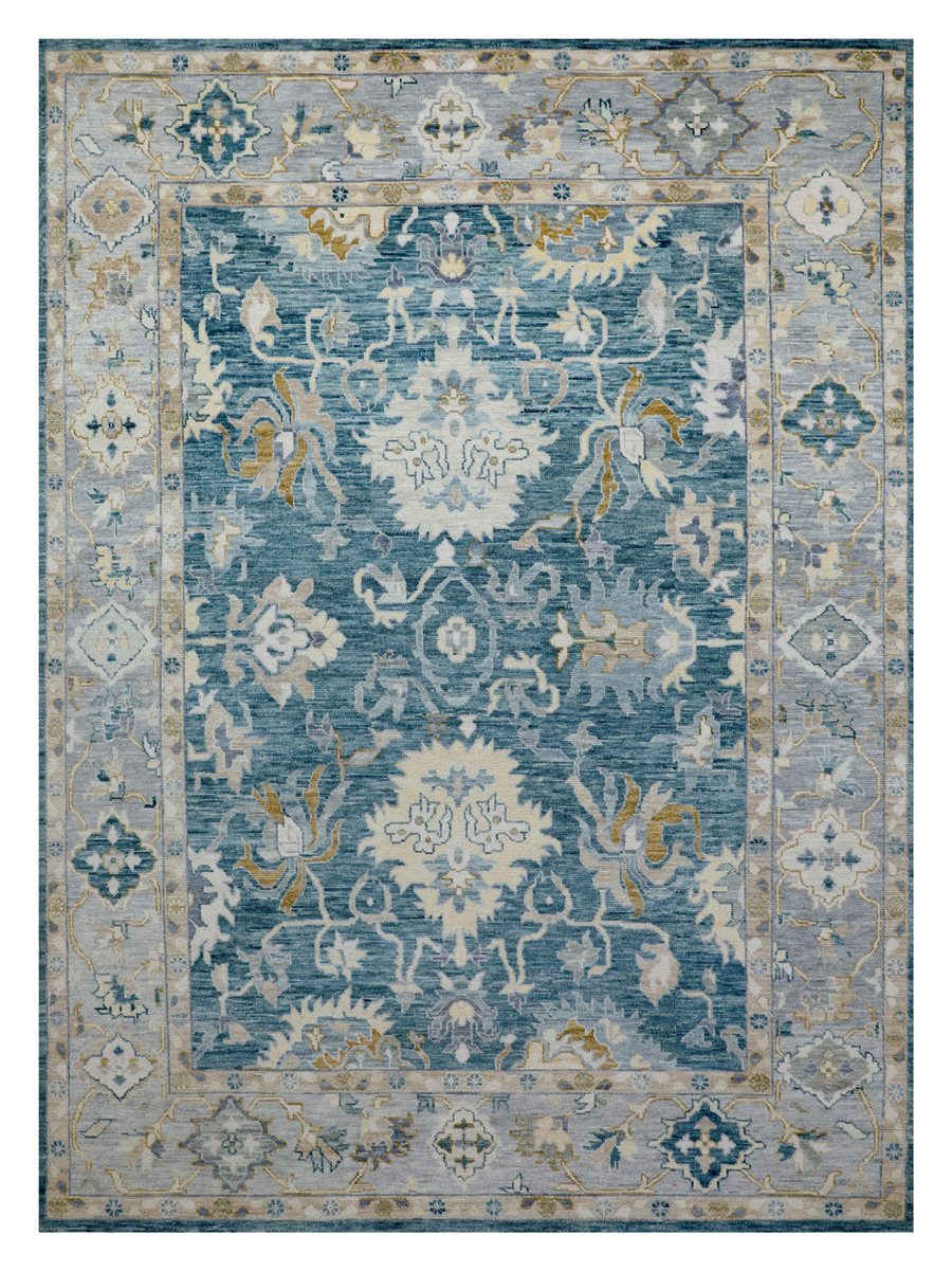 Alexandria mercerized cotton rug — blue field with ivory floral scrollwork