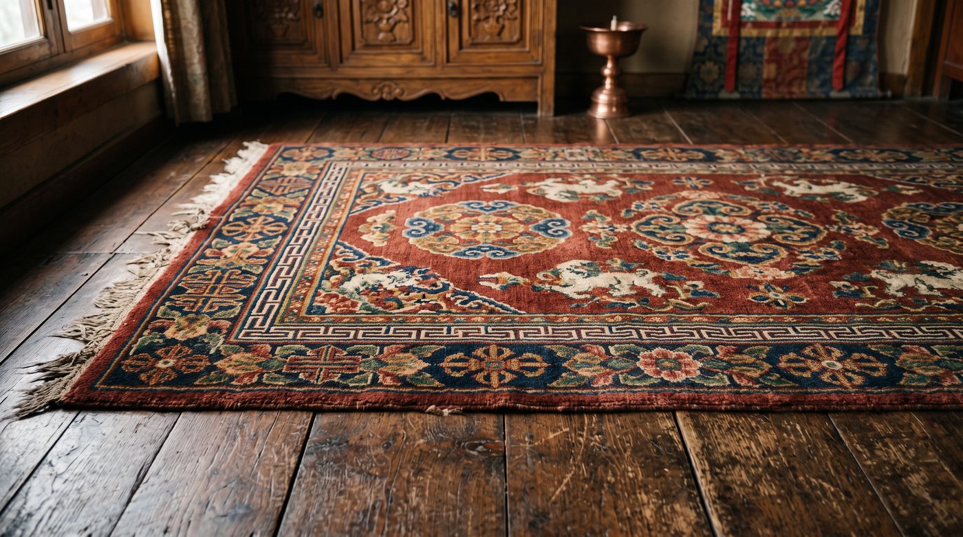 An antique Tibetan rug with round floral medallions, snow lions, and a Greek-key border in red, indigo, and gold on a wood floor