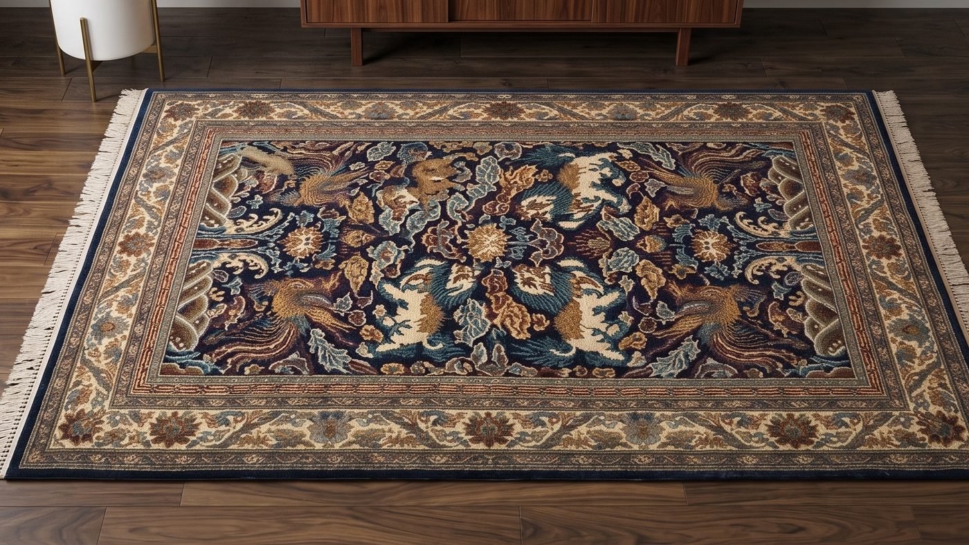 A finely knotted Nepali rug with an intricate floral field in navy, teal, and gold, viewed from above