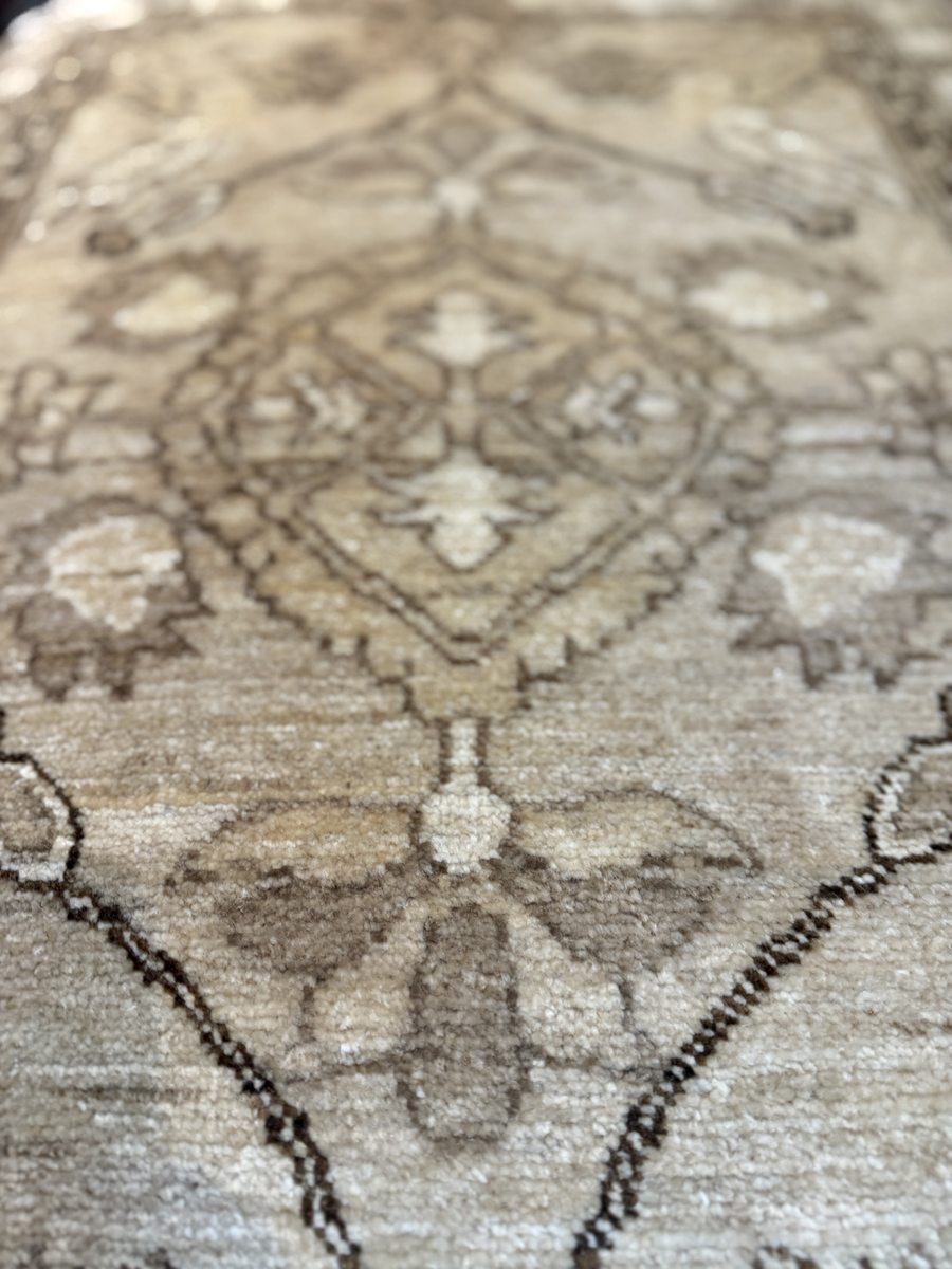 Peshawar style rug — ivory and grey washed medallion design