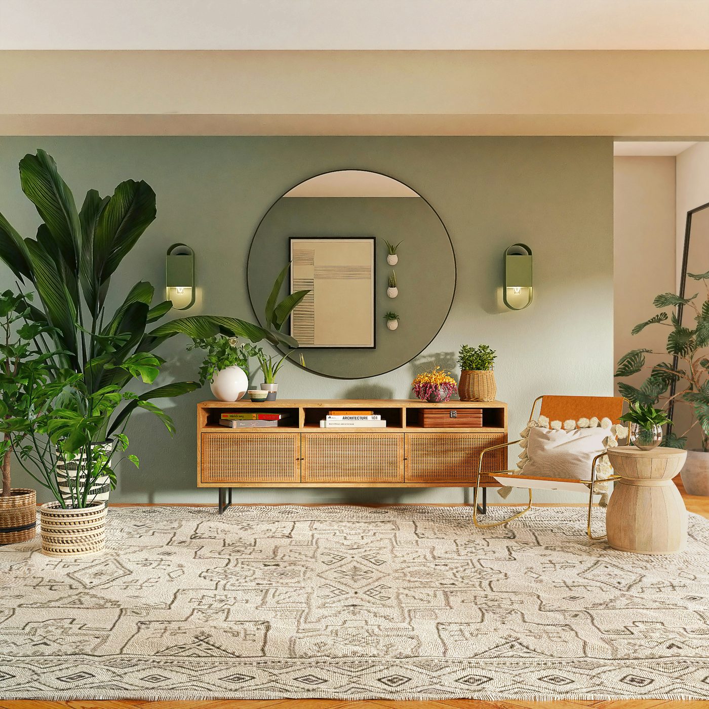 A styled living room anchored by a rug