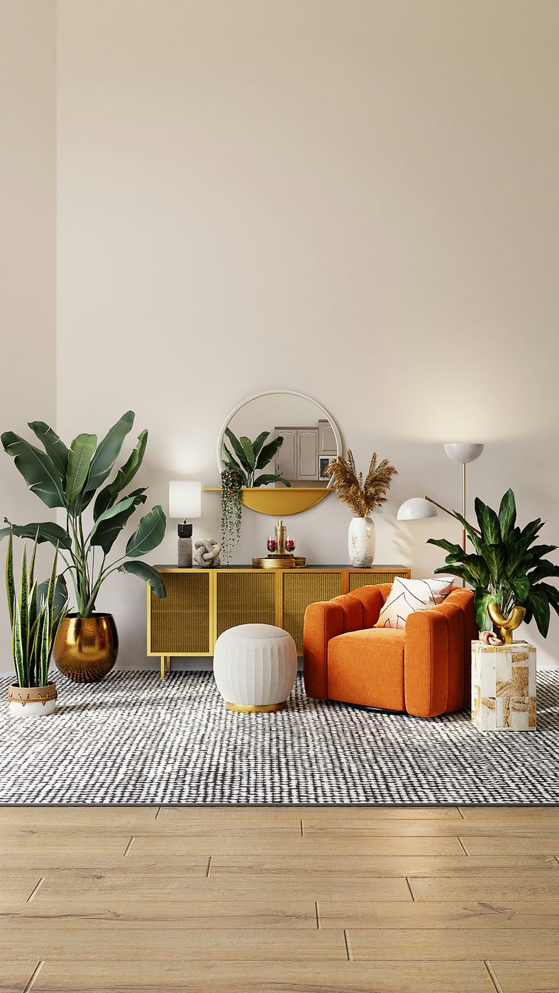 A rug anchoring a bright modern living room